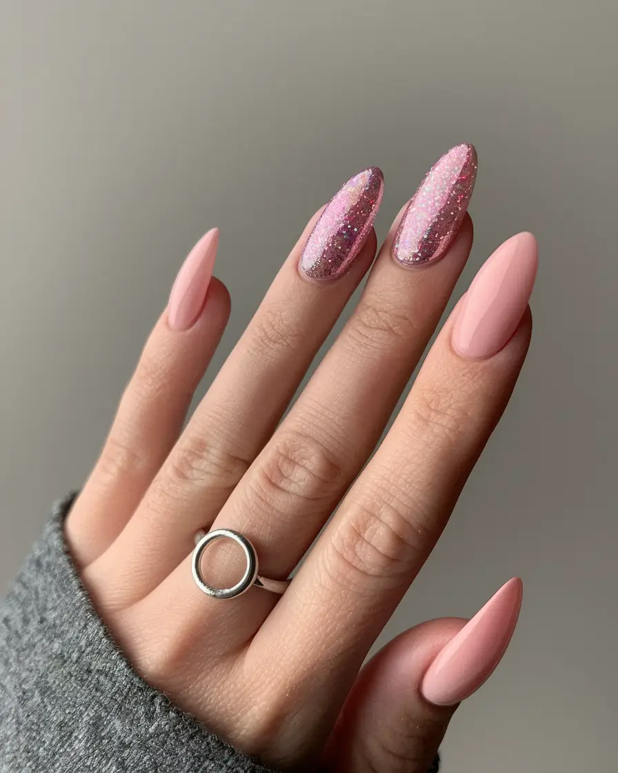 Pink glitter nails with almond shape, sparkling and festive.