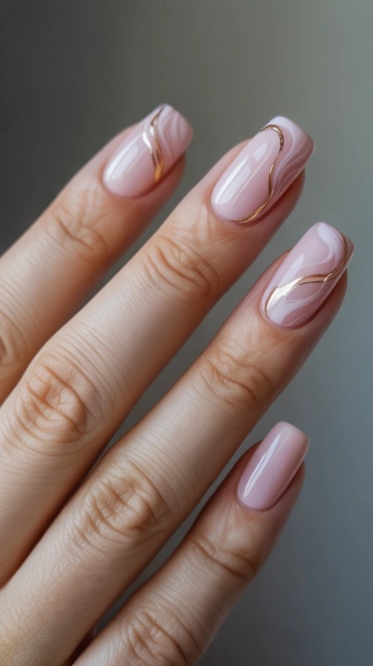 Marble swirl nails in soft pink, elegant and modern design.