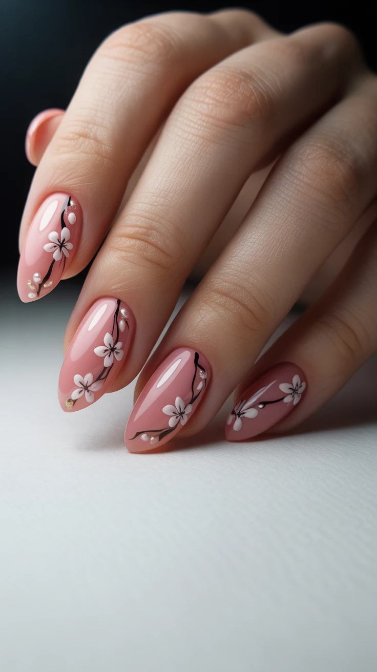 Floral nail art with pink base, chic and feminine.