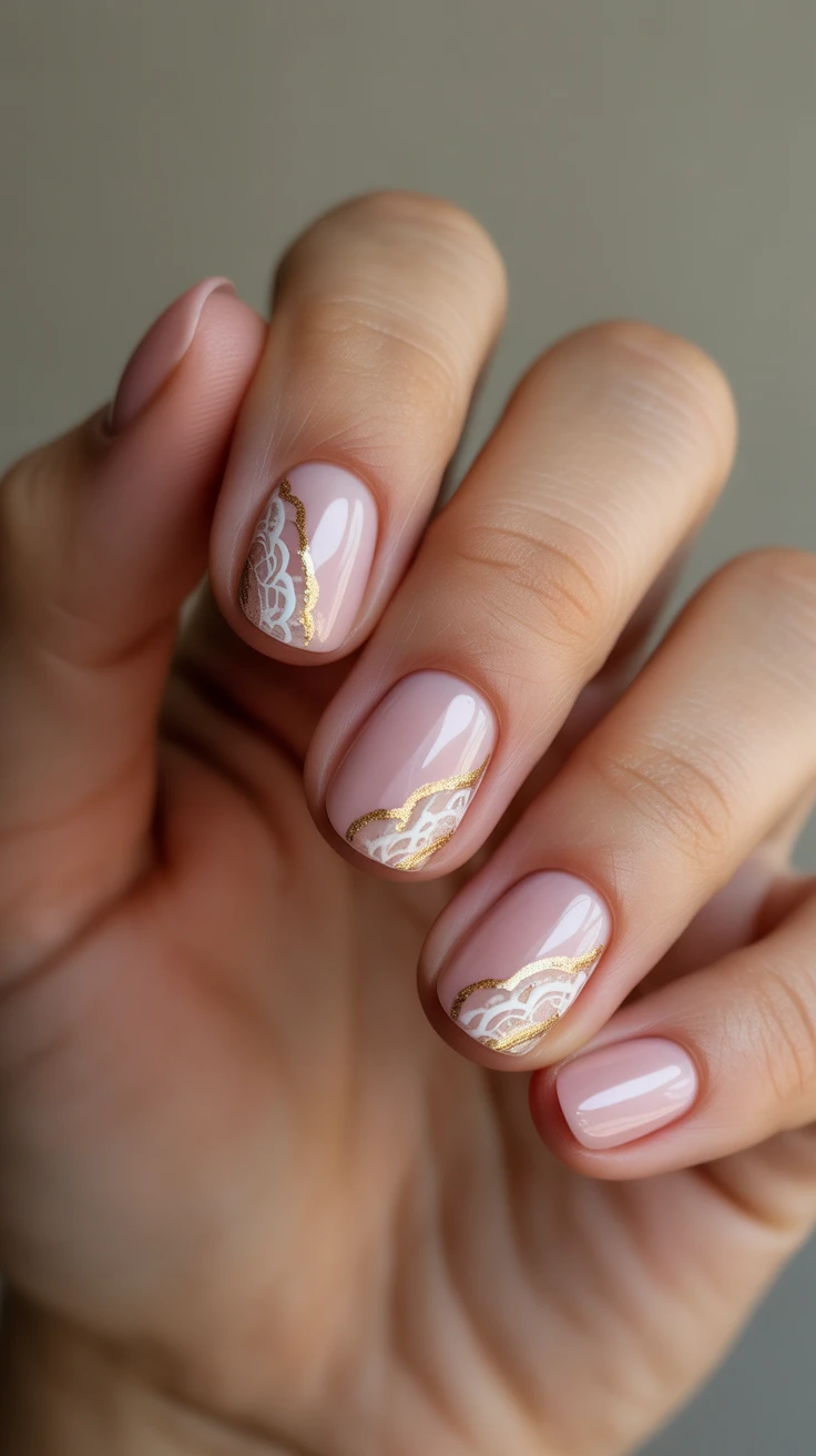 Lace-inspired nail art with gold details, chic and sophisticated.