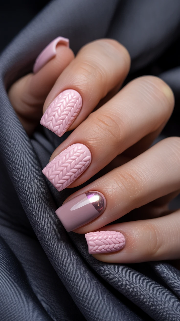 Knit texture nails in pink, cozy and unique design.