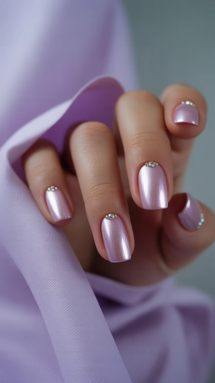 Lavender pearl nails with gemstone accents, elegant fall manicure.