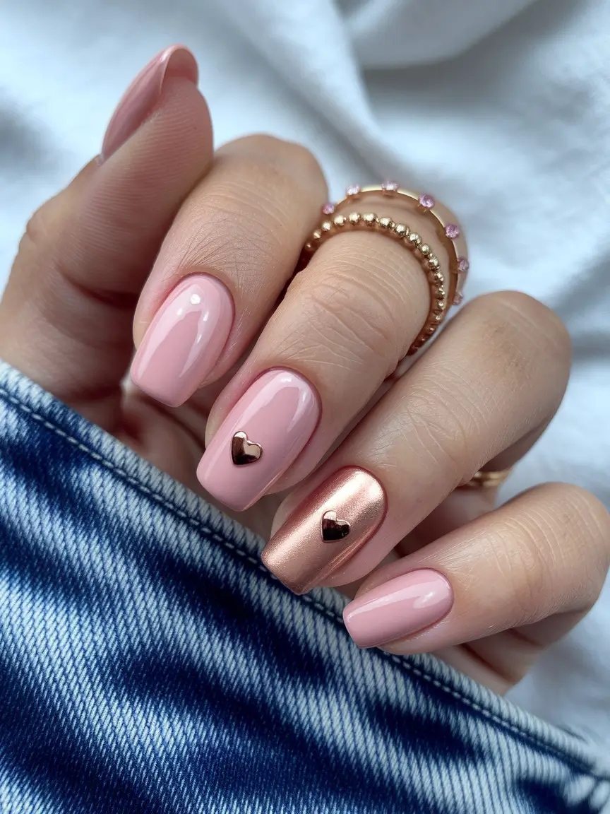 Pink and metallic nails with heart accents, romantic and chic.