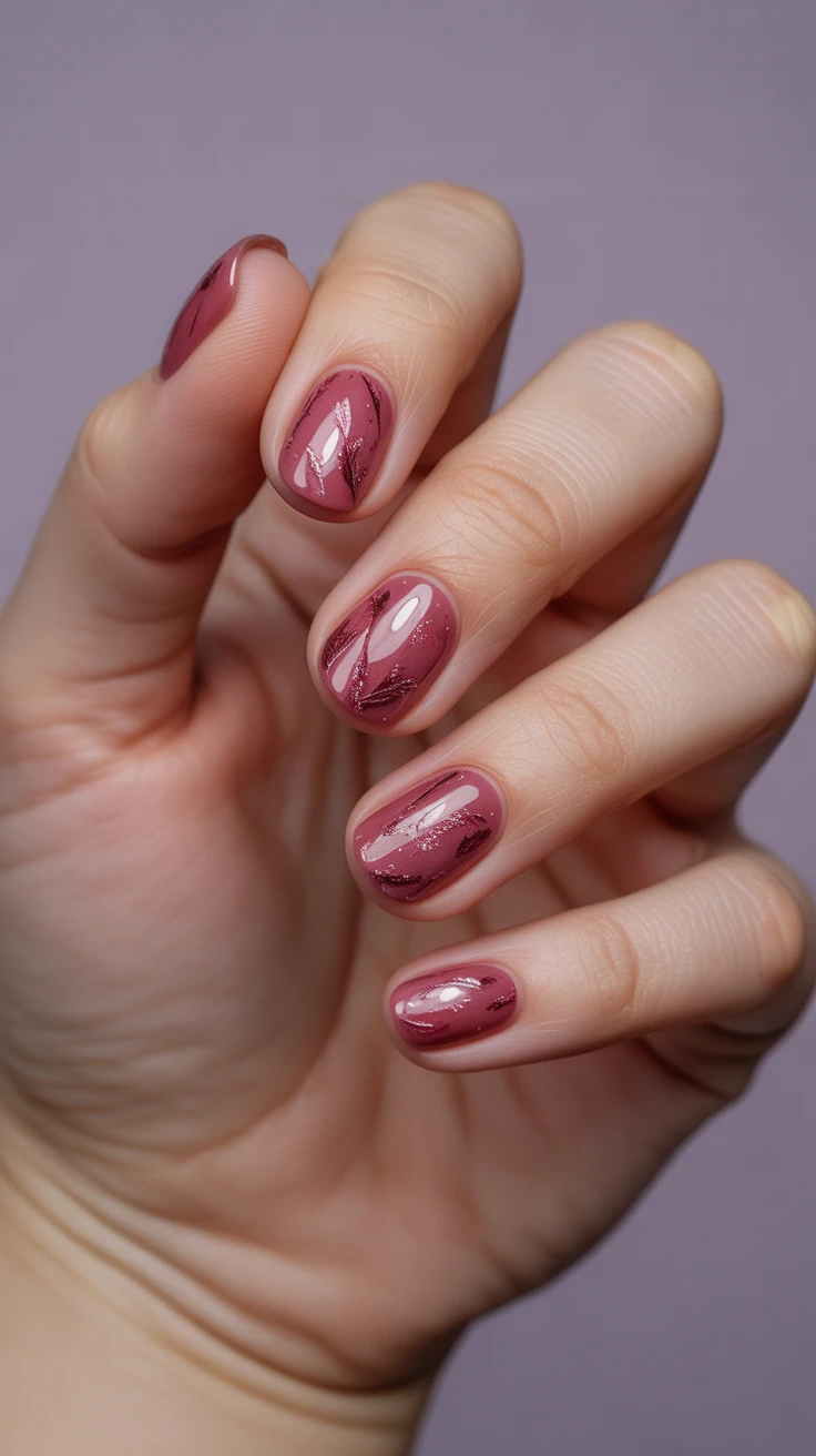 Berry swirl nails with glossy finish, stylish and elegant.
