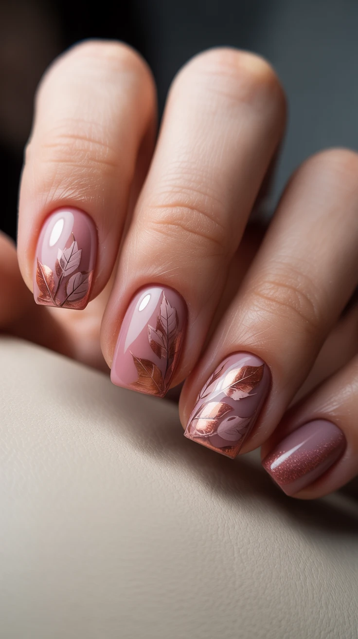 Copper leaf nail art on pink base, fall-inspired and elegant.