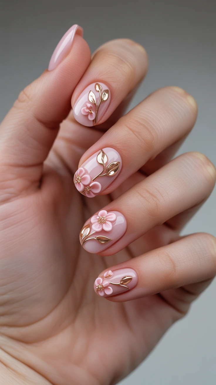 3D blossom nail art on pink base, chic and dimensional.