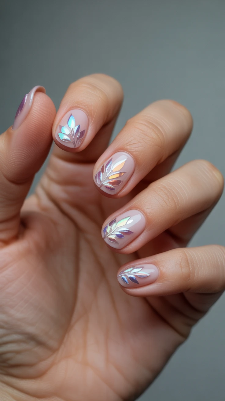 Iridescent leaf nail art with clear base, unique and modern.