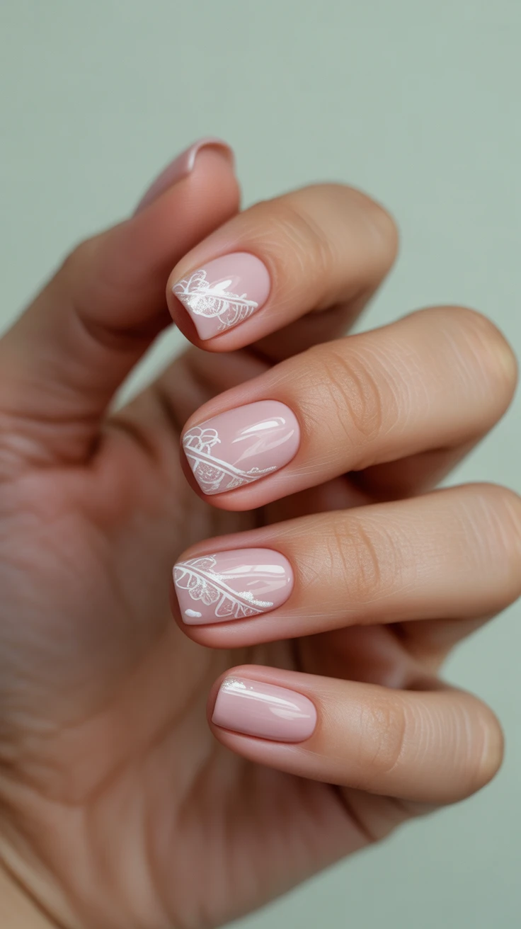 Soft pink nails with lace details, elegant and feminine.
