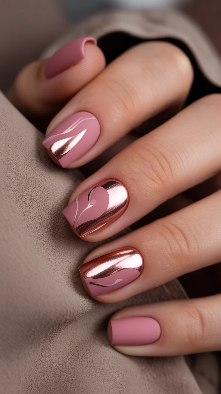 Rose gold chrome nails with heart detail, bold and chic.