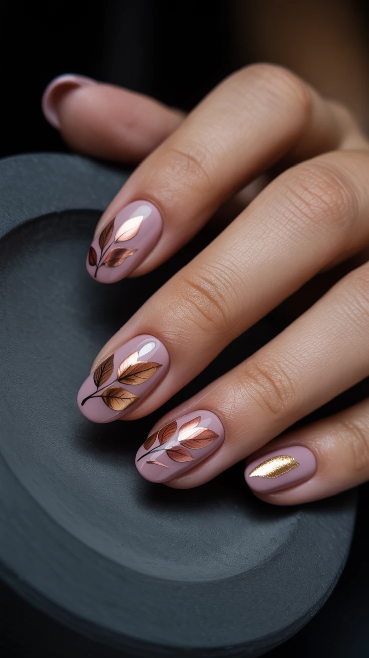 Metallic leaf nail art on pink base, chic and trendy.