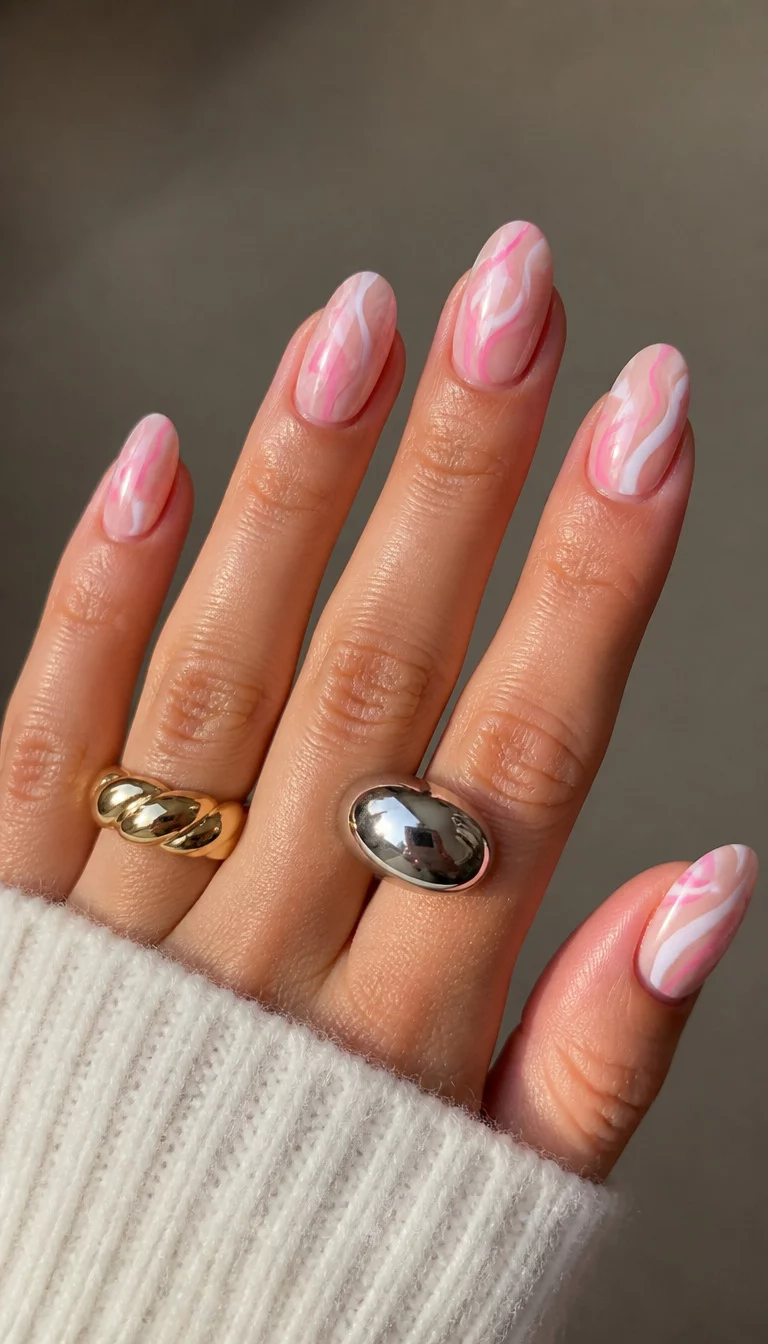 Abstract pink wave nail art, modern and stylish.