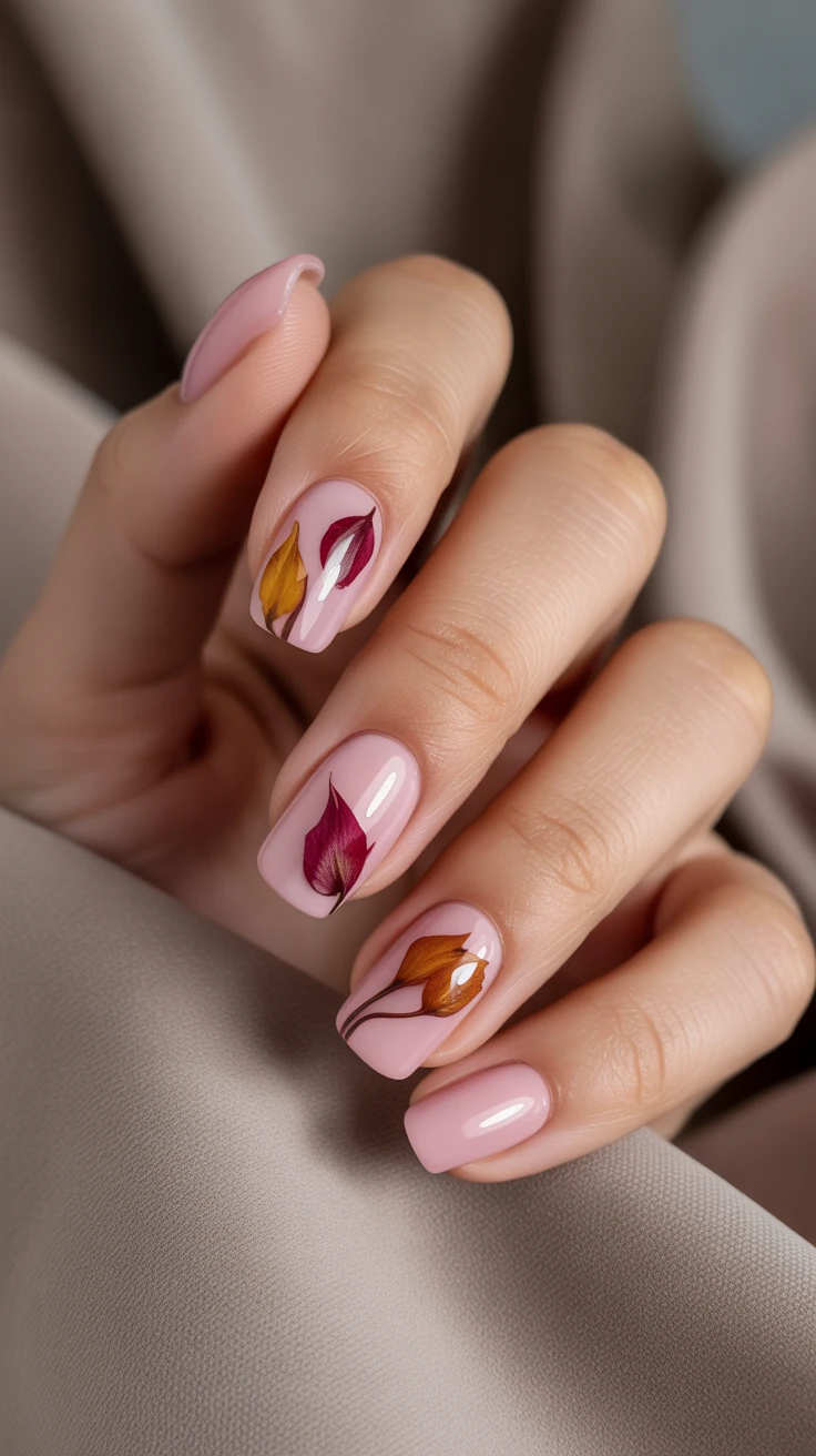 Pink nails with petal accents, elegant and seasonal.