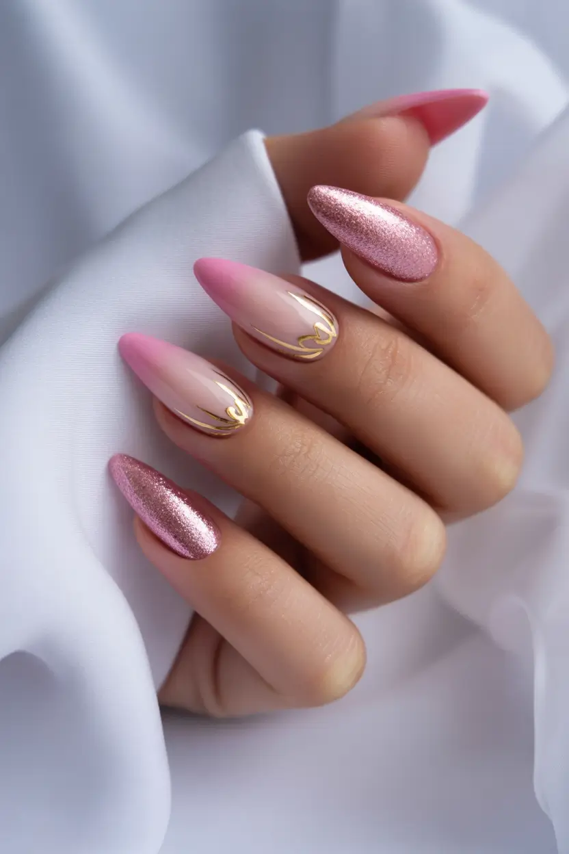 Ombré pink nails with glitter, elegant and chic.