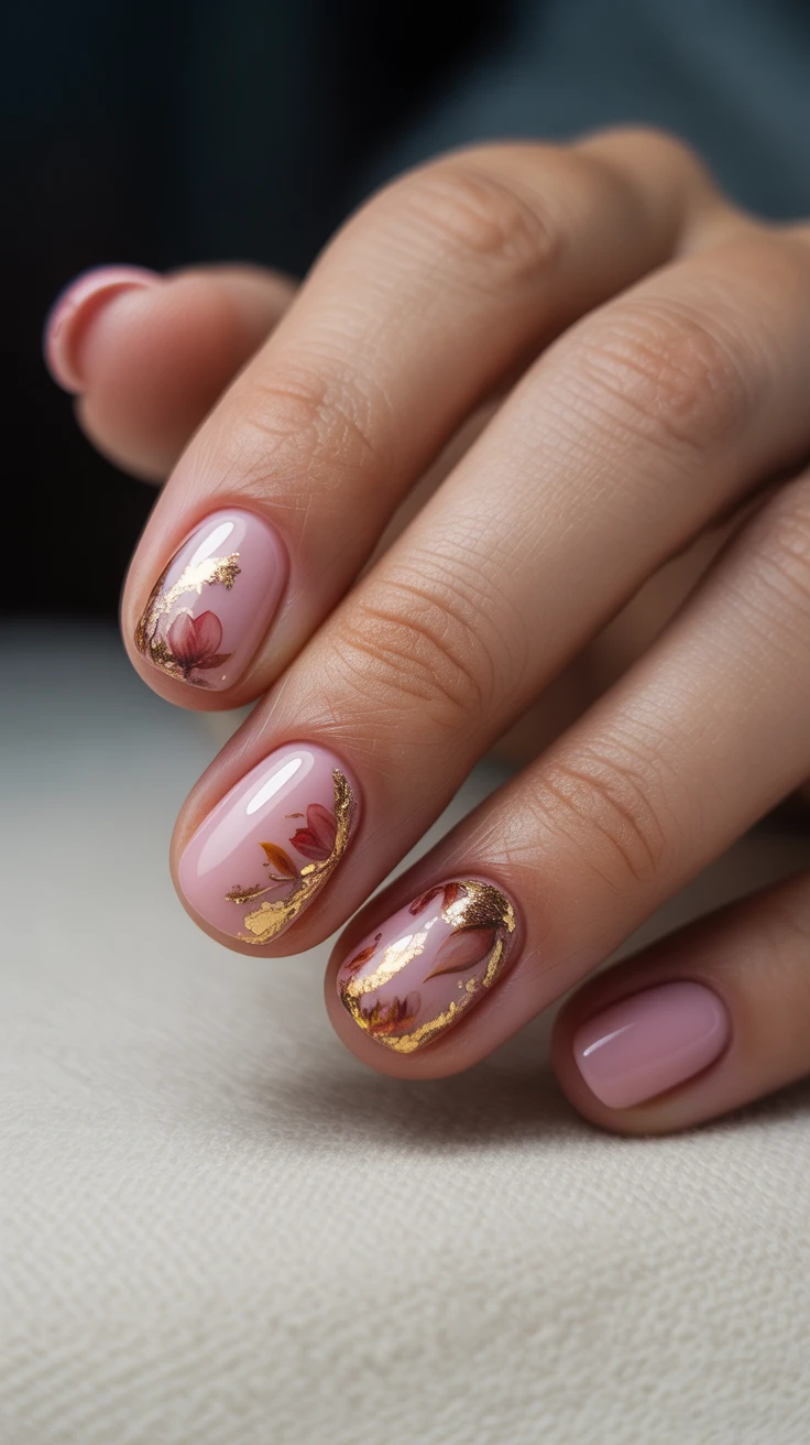 Pink nails with floral and gold leaf accents, sophisticated fall design.