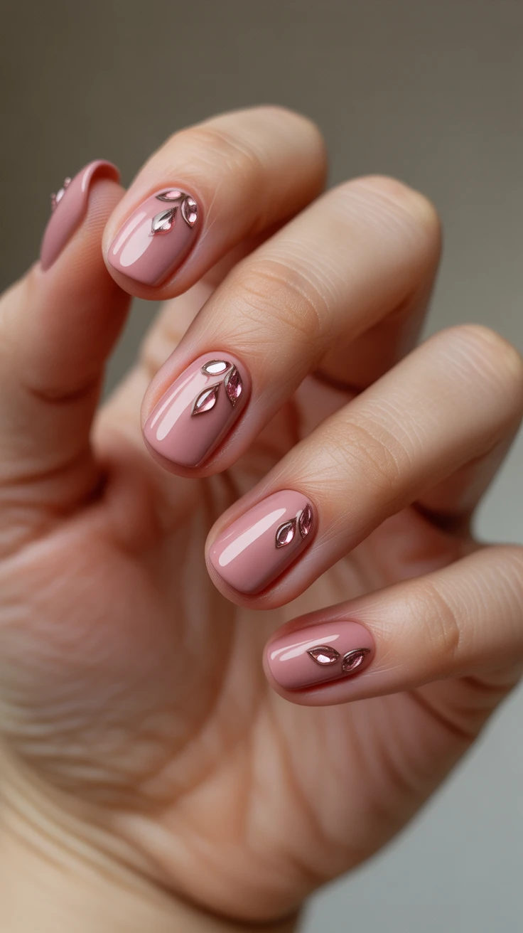 Pink nails with jewel accents, simple and chic.