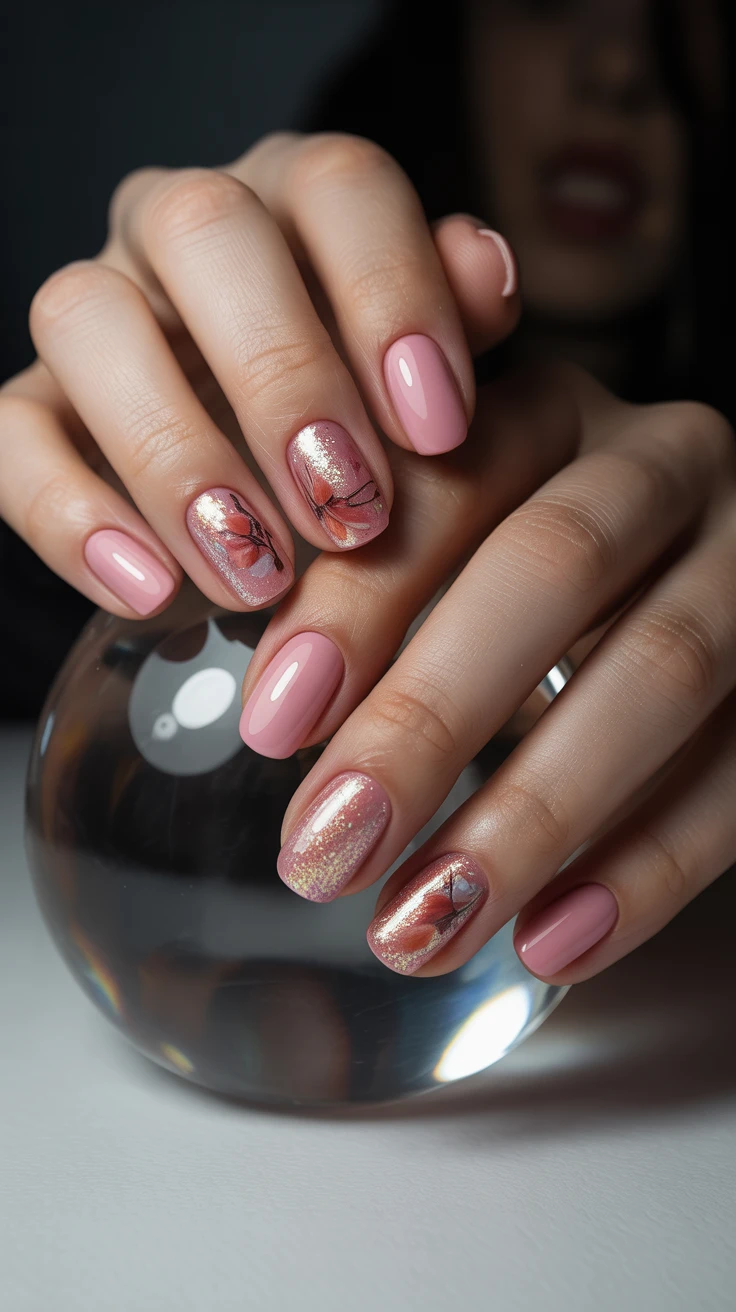 Pink shimmer nails with leaf accents, fall-themed and stylish.