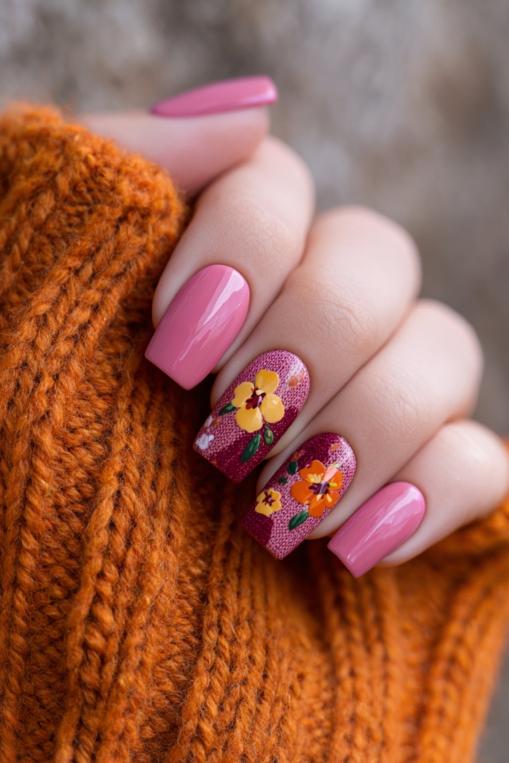 Vibrant floral nail art on pink base, bold and playful.