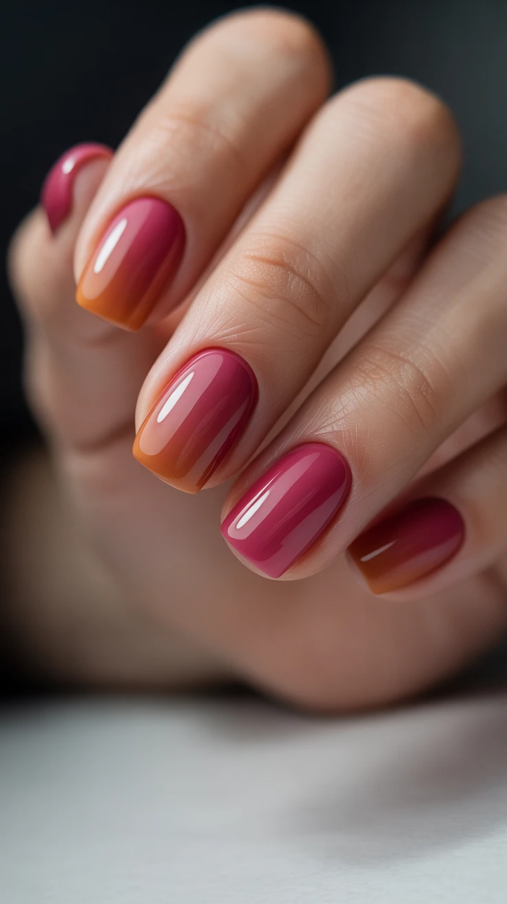 Gradient autumn nails in pink and orange, stylish and seasonal.