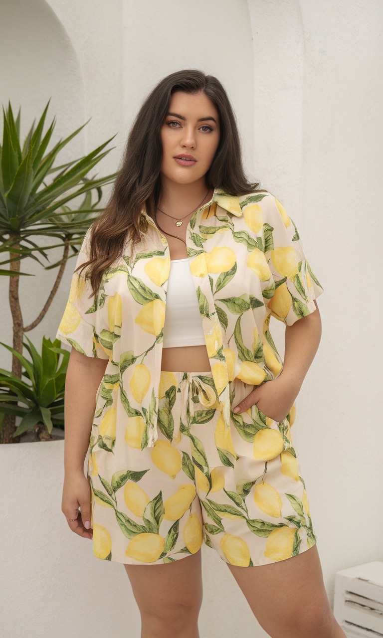 plus size lemon printed short set
