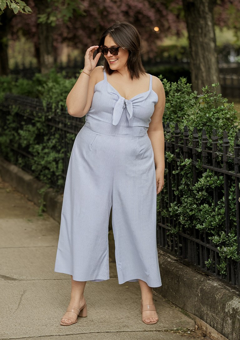 plus size knotted blue jumpsuit