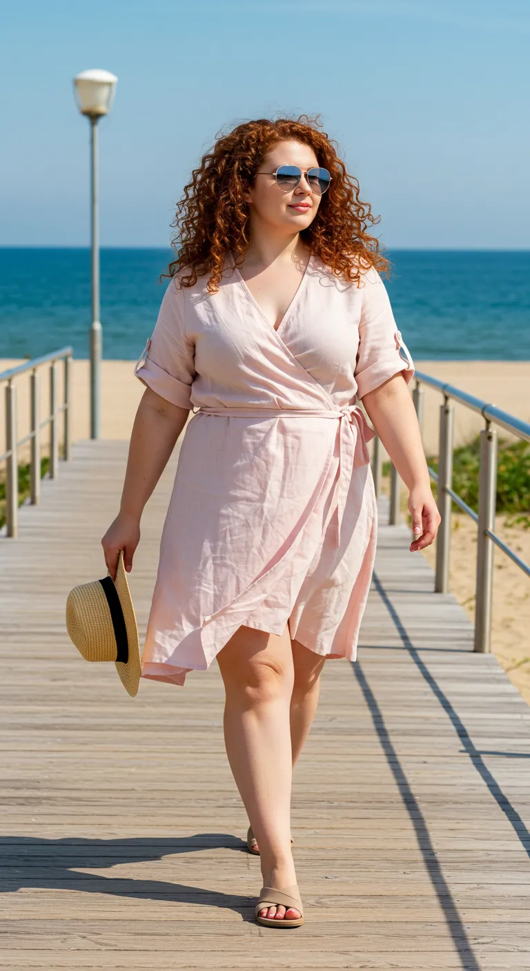 plus size blush wrap dress on boardwalk