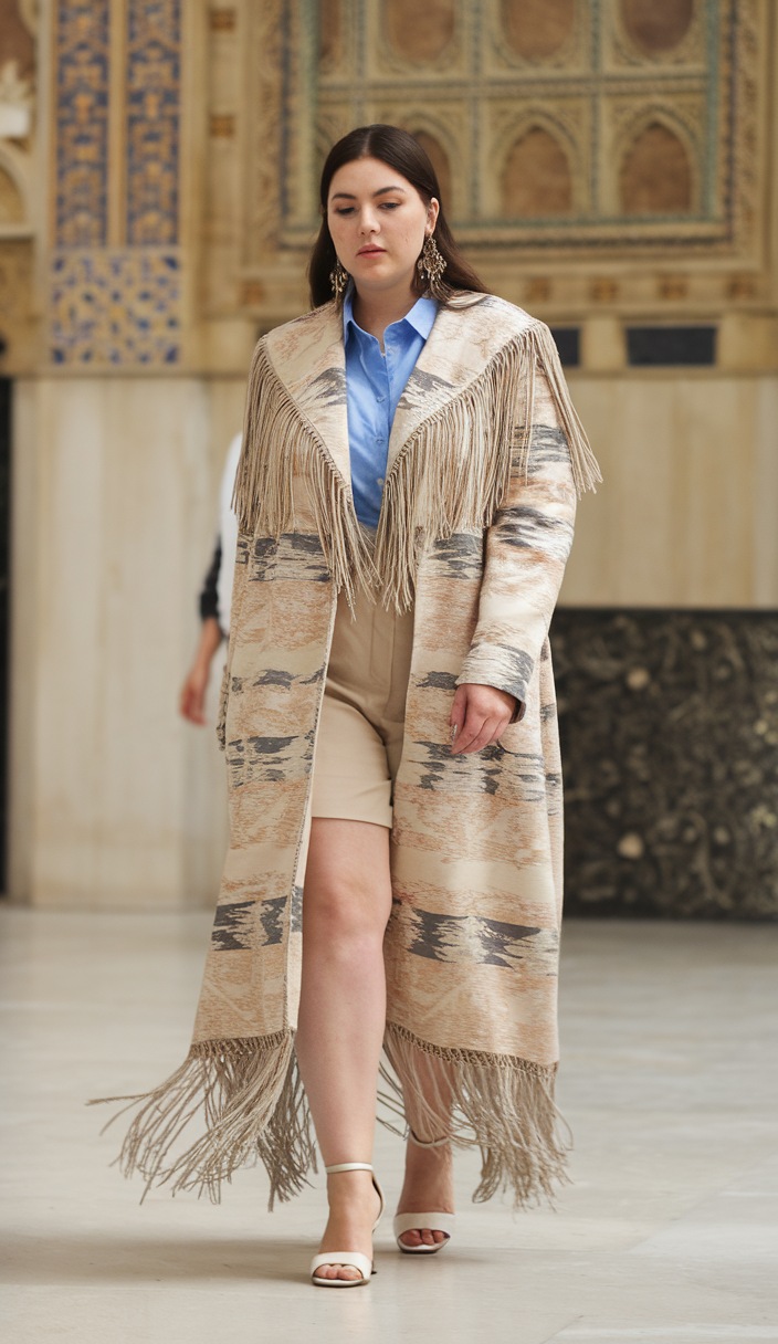 plus size fringe coat with shorts and blouse