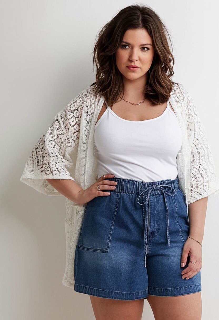 plus size denim shorts with lace cardigan