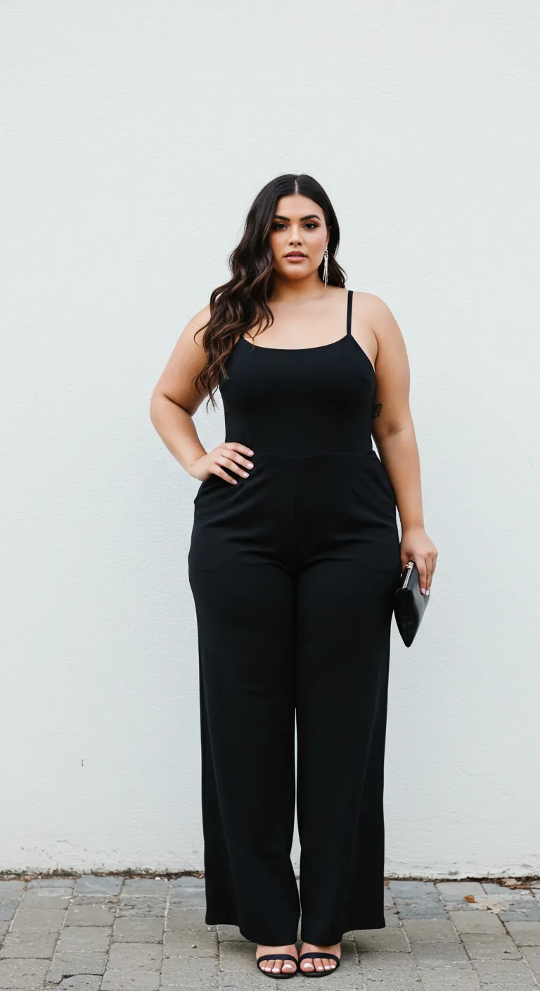 plus size black jumpsuit with clutch