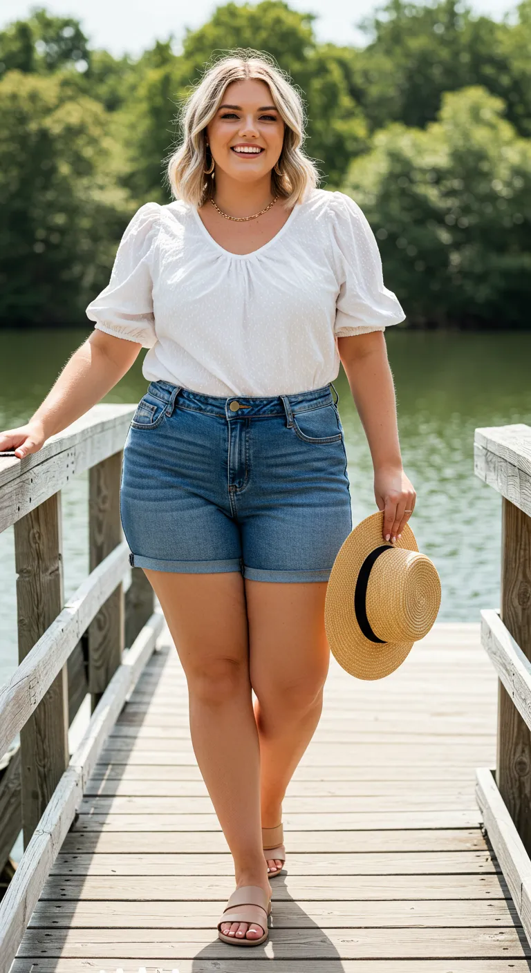plus size denim shorts with white blouse and hat