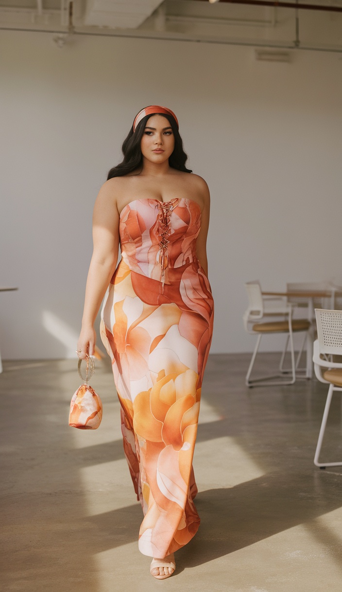 plus size floral strapless maxi dress