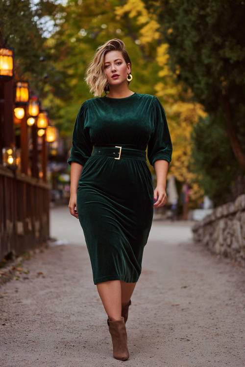plus size velvet midi dress with belt