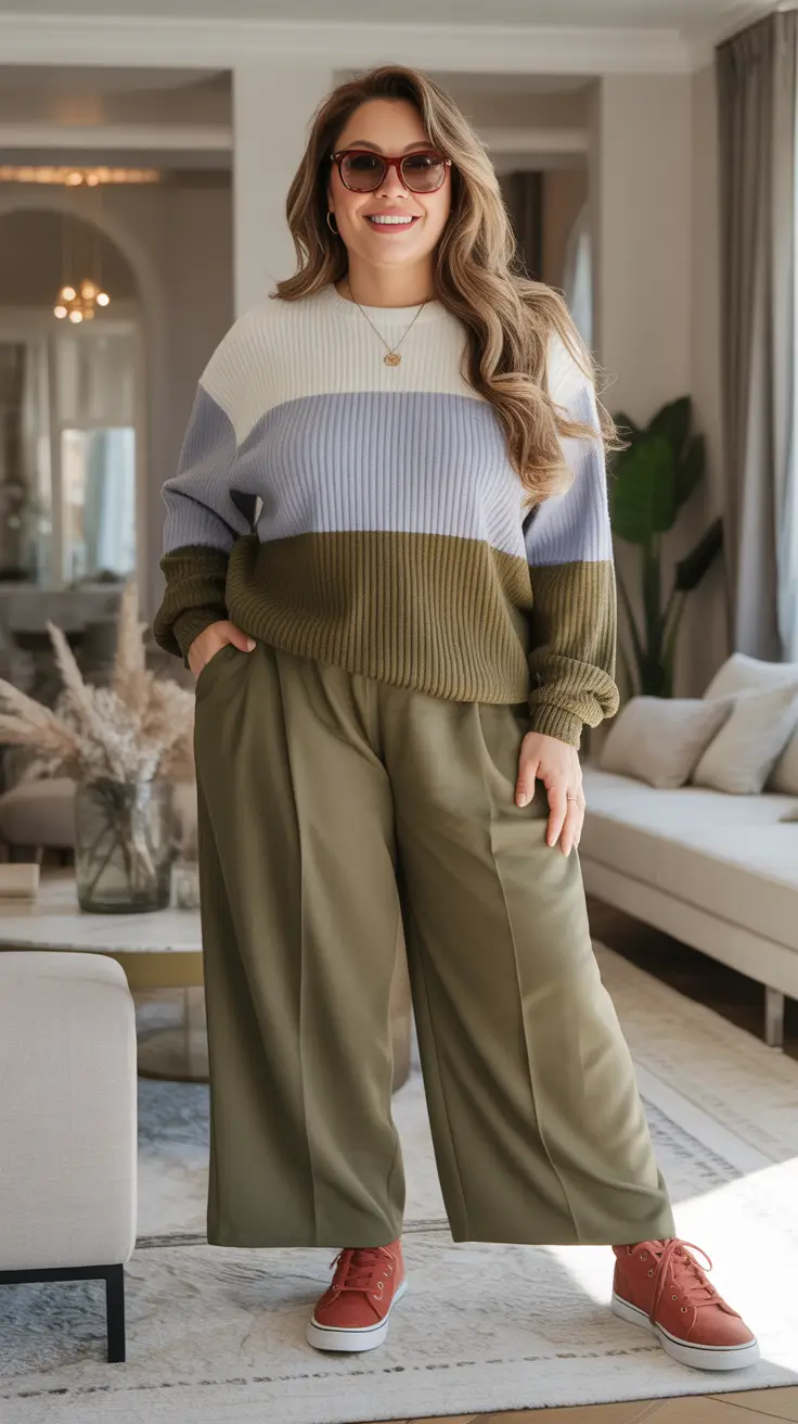 plus size color block sweater with wide pants