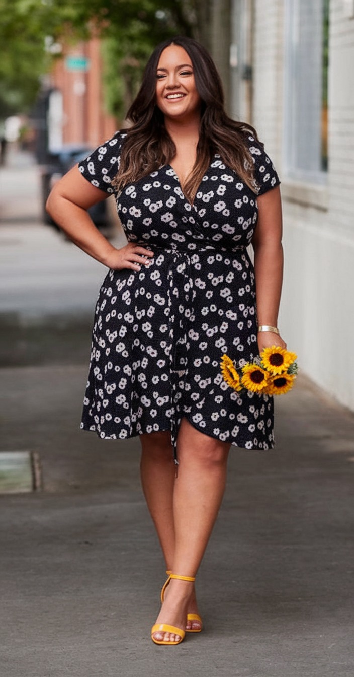 plus size floral wrap dress with yellow heels