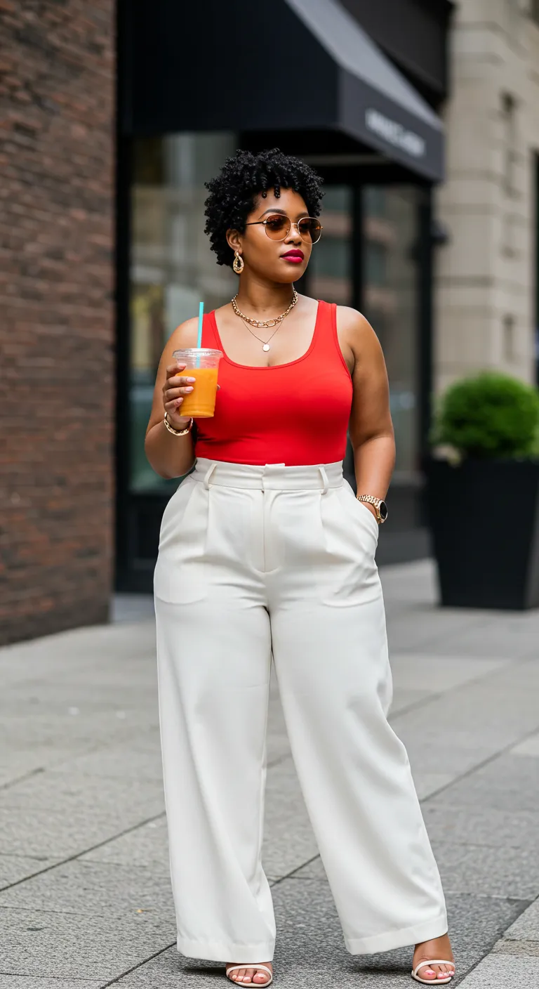 plus size red tank with white wide-leg pants
