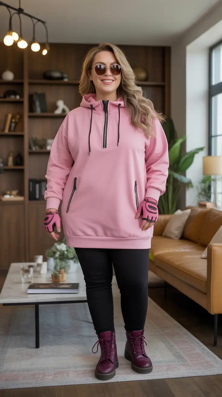 plus size pink hoodie with black leggings