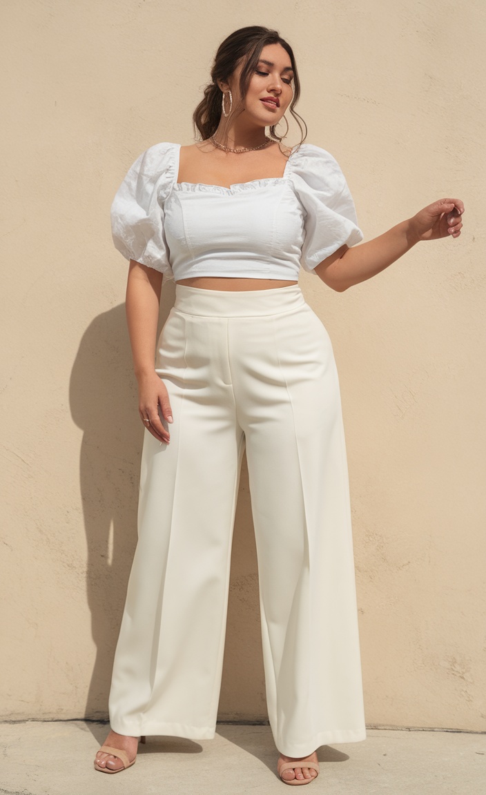 plus size white top with puff sleeves and trousers