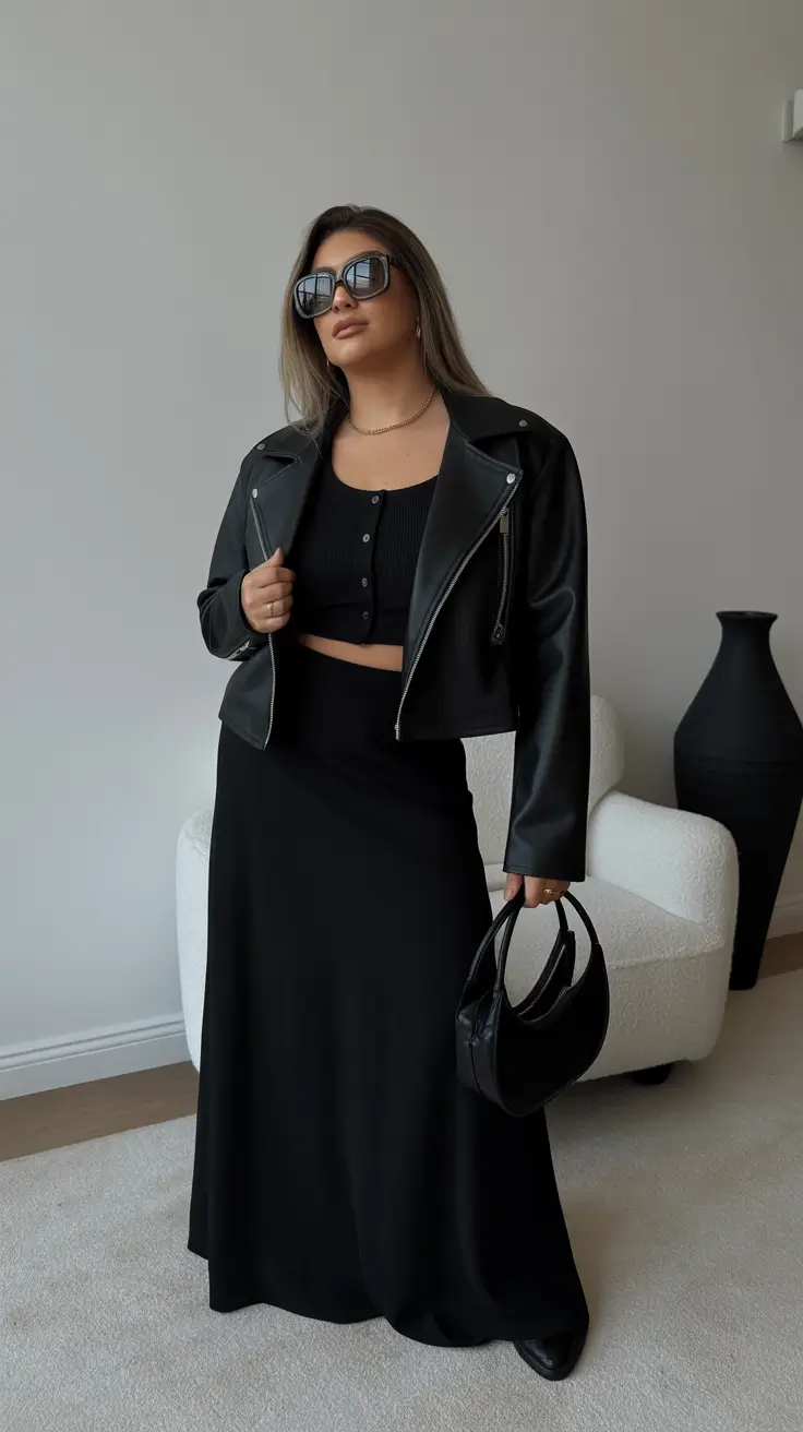 plus size black leather jacket with maxi skirt
