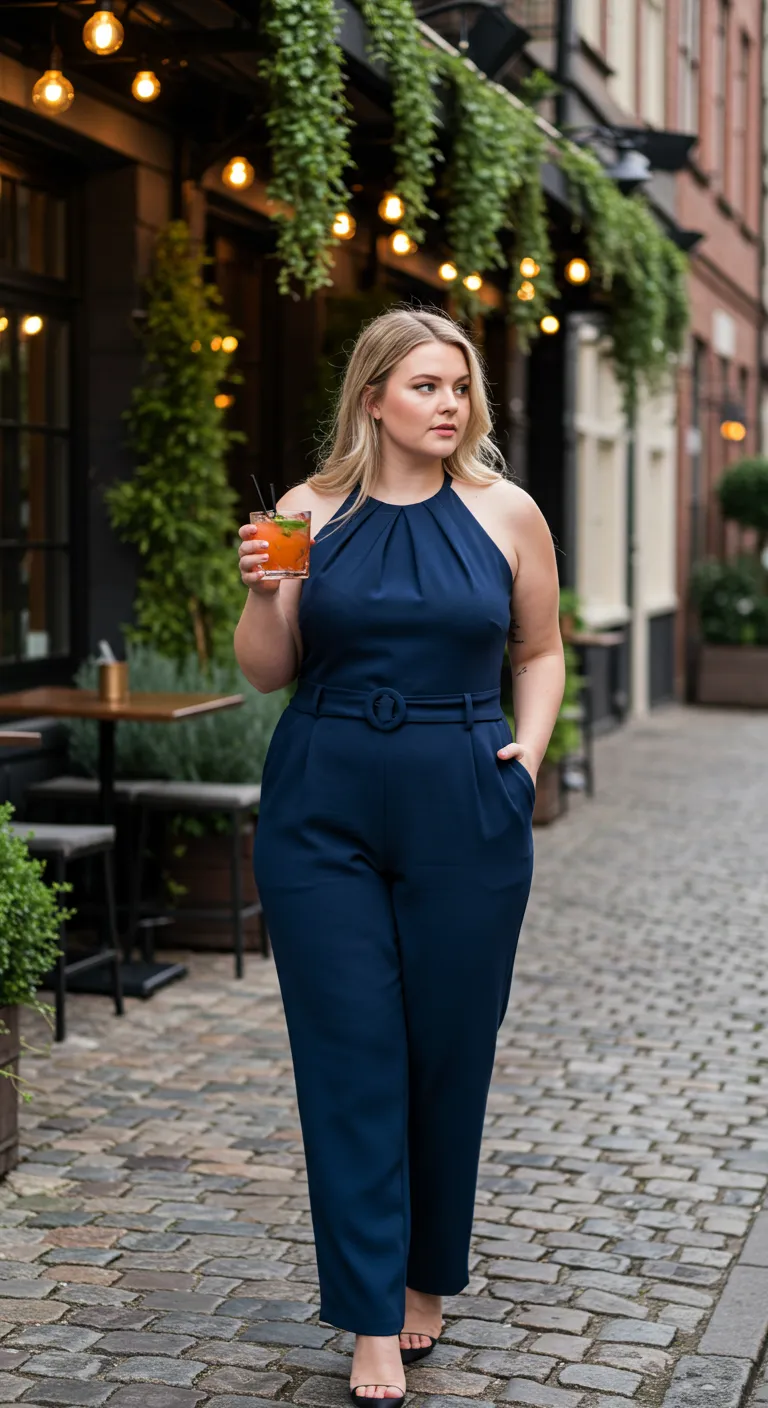 plus size navy halter jumpsuit with belt