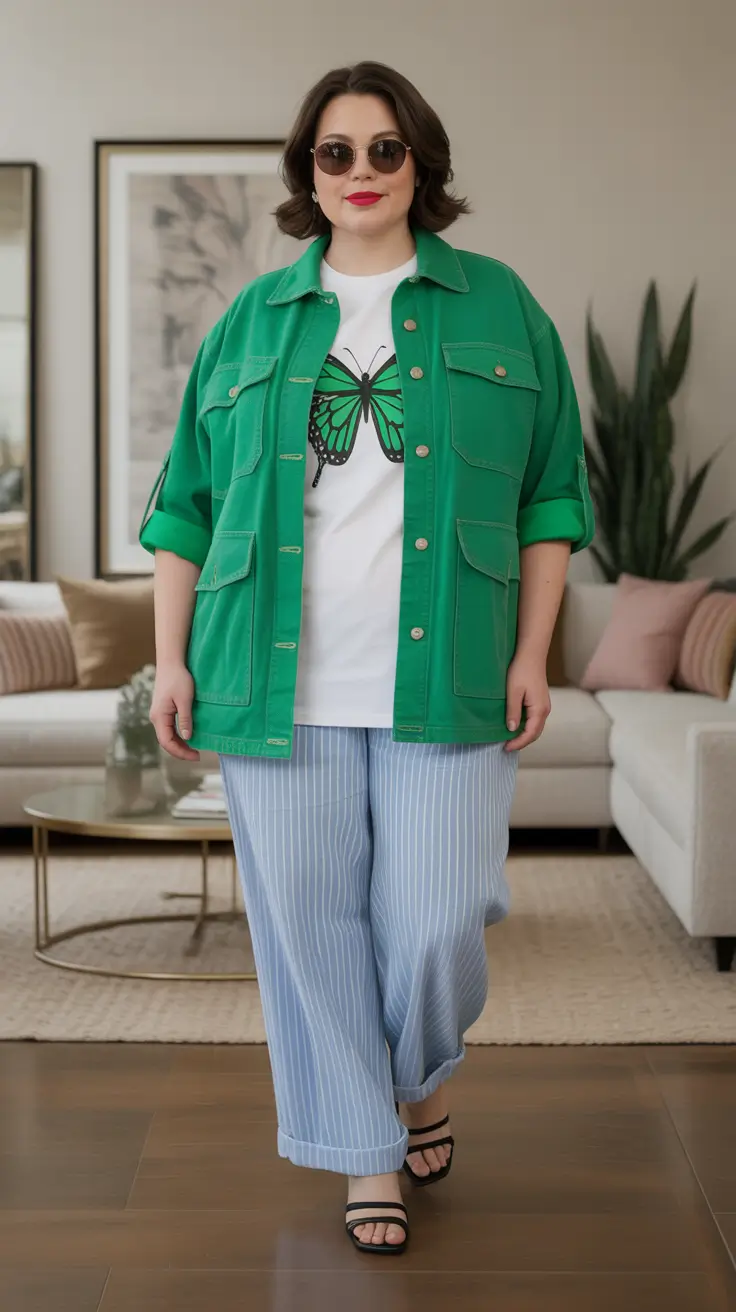 plus size green jacket with striped pants