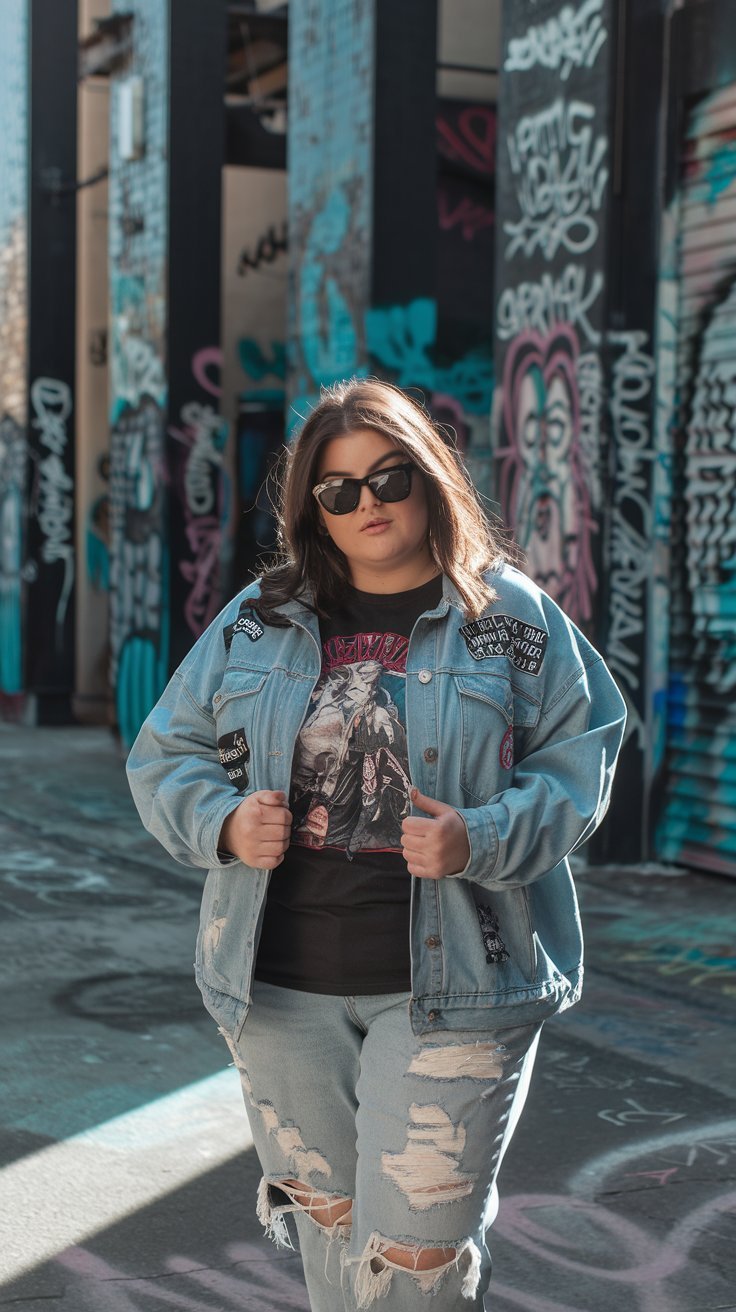 plus size denim jacket with ripped jeans