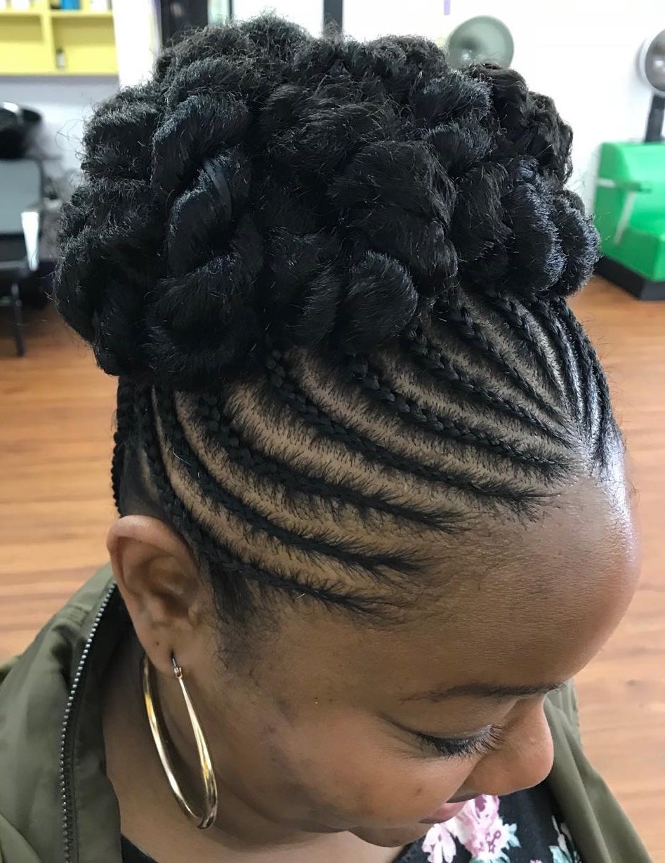 Braided updo with cornrows and twists