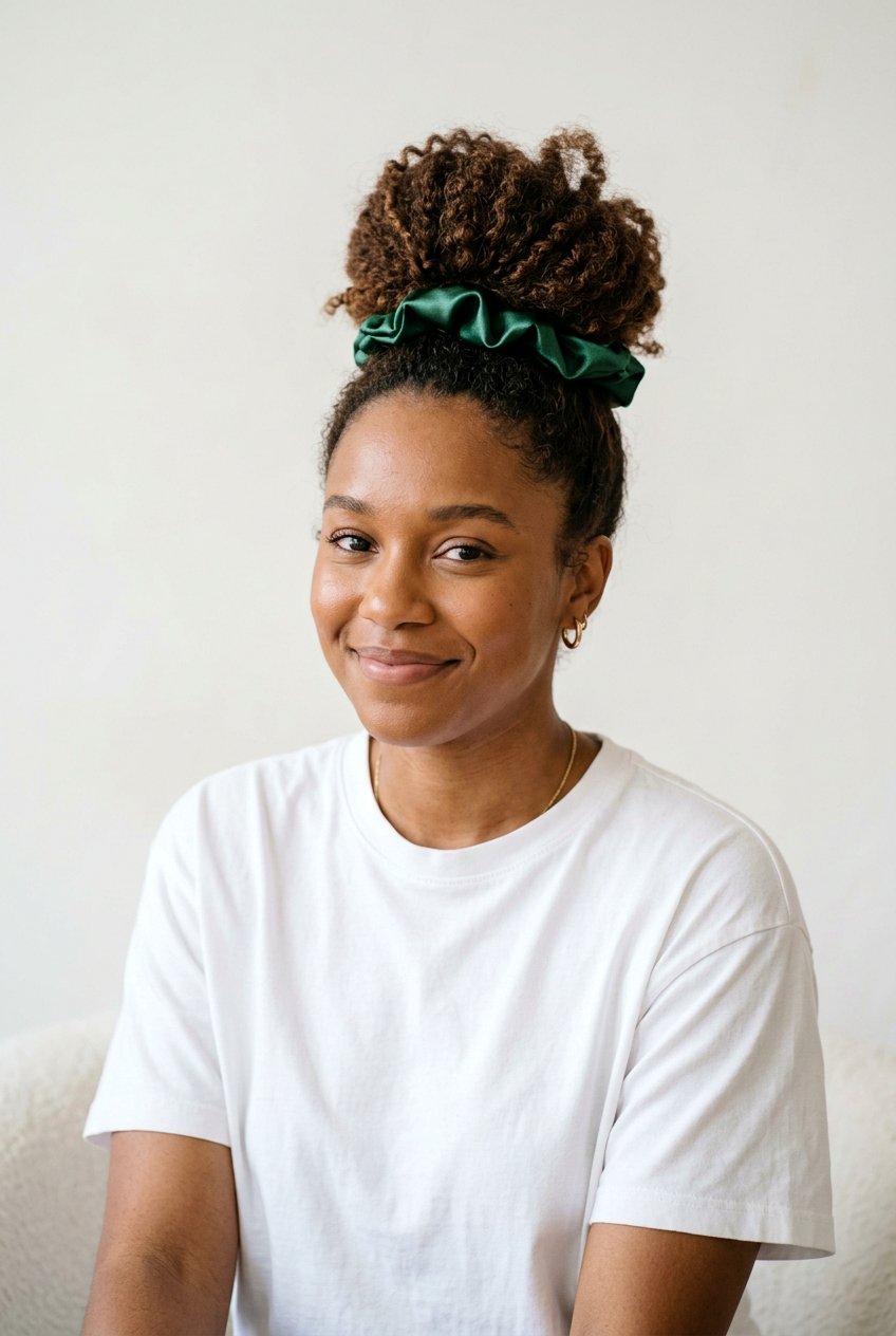 High bun with scrunchie for volume
