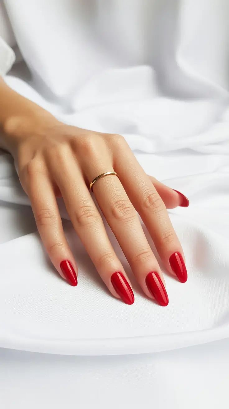 Glossy red stiletto nails on white fabric