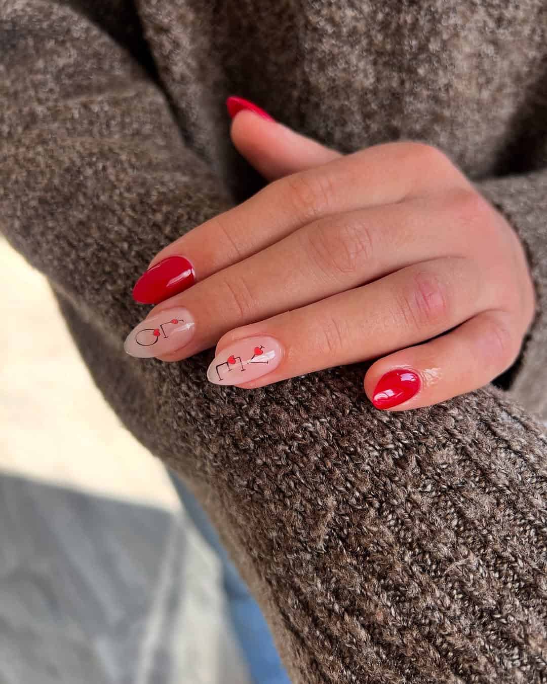 Red and nude nails with delicate art