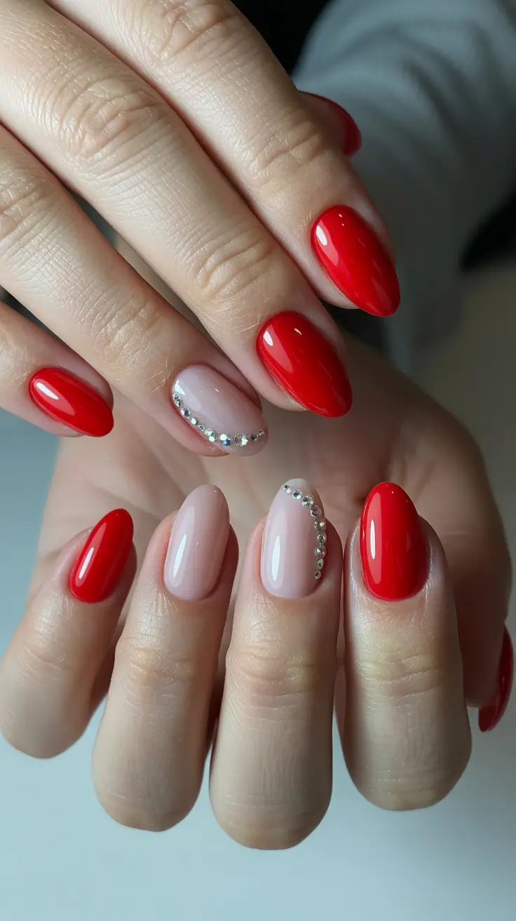 Red and nude nails with rhinestones