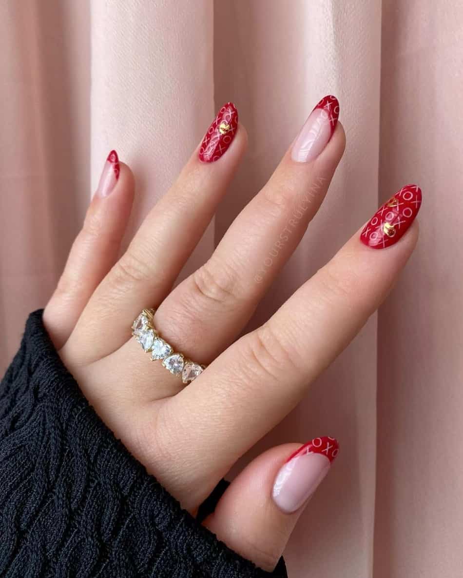 Red and gold XO pattern on nails