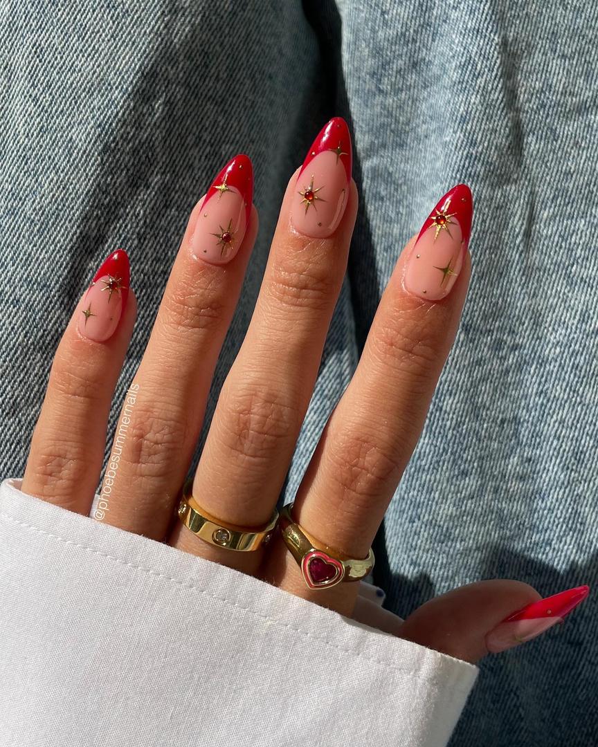 Starry red tips with nude base