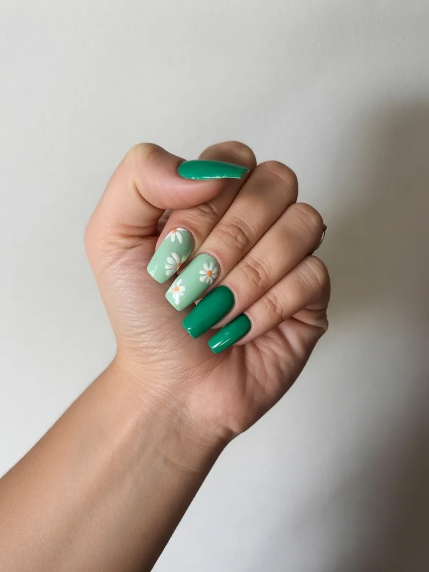 Green nails with floral design