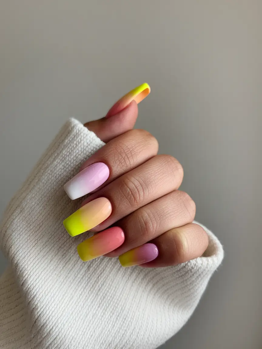 Square nails with rainbow ombre design
