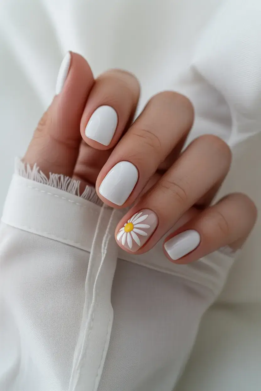 White nails with daisy design on one nail
